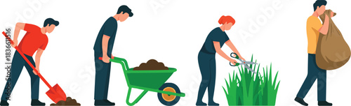 Set Of People Engaged In Gardening And Yard Work Shoveling Pushing Wheelbarrow Clipping Hedge Carrying Bag With Leaves Flat Vector