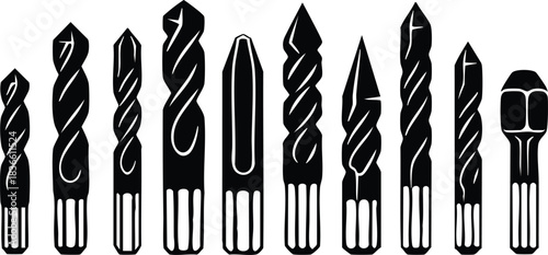 Flat design close up row of drill bits standing upright assorted twist and masonry bits with hex shanks tapered cutters vector silhouette on white studio background
