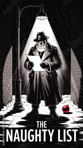 Noir Christmas Santa reading naughty list under streetlight, dark alley, retro comic book style holiday crime illustration
