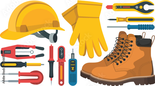 Set Of Professional Tools Construction Equipment Work Gear For Electrician Builder Repairman With Helmet Gloves And Safety Boots Vector