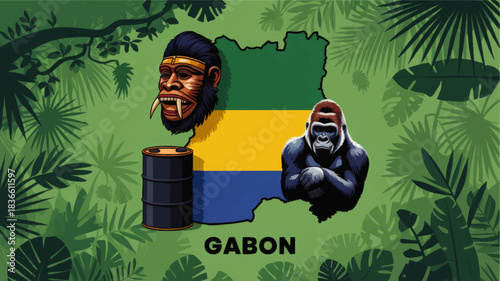 Gabon vector illustration with flag map, jungle gorilla, tribal mask and oil barrel on tropical green rainforest background