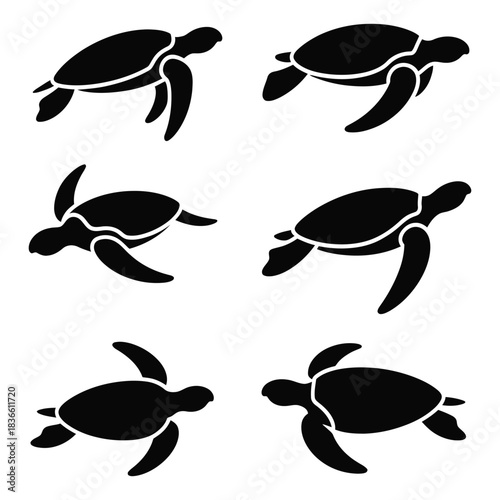 Six black silhouette sea turtles in various swimming poses
