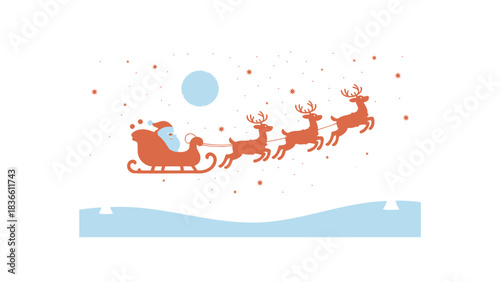 Whimsical illustration of santa claus in his sleigh pulled by reindeer flying through a snowy winter sky under a pale moon