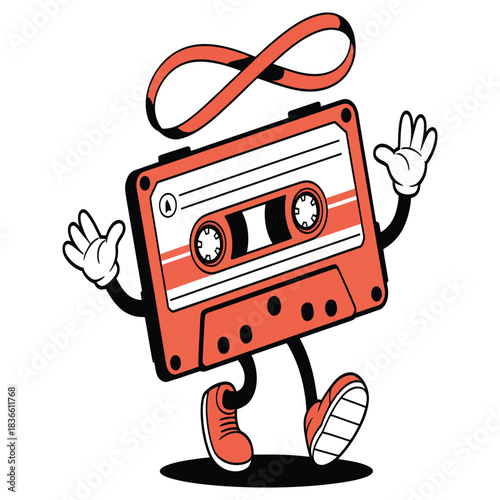 Retro cassette tape character dancing with infinity symbol