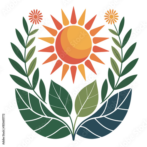 Stylized sun and greenery emblem with flowers