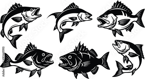 Tattoo flash fish set of six detailed bass silhouettes in various attacking and swimming poses close up side view mouth open dramatic expression aggressive ink illustration
