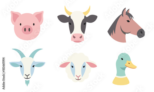 Cartoon farm animal heads set flat design isolated