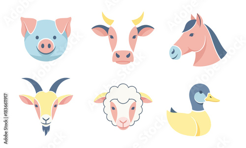 Cartoon farm animal icons set livestock illustrations for design