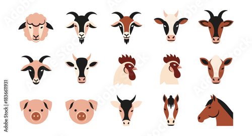 Farm animal heads collection vector illustrations
