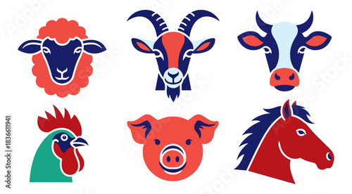 Stylized farm animal icons in a row vector illustration