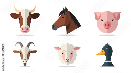 Cartoon animal heads cow horse pig goat sheep duck isolated