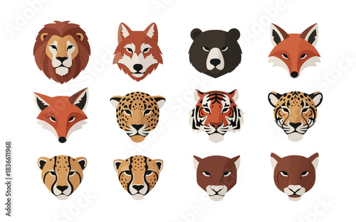 Stylized animal portraits lion wolf bear fox leopard tiger cheetah and cougar