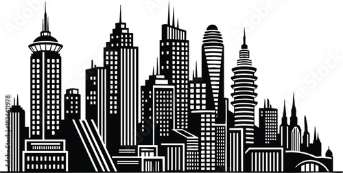 Flat design panoramic black skyline silhouette of modern city with varied skyscrapers towers churches and bridges in minimalist vector composition for urban branding editorial layout