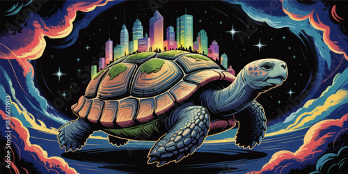 Cosmic turtle carrying futuristic neon cityscape through colorful outer space clouds and stars, surreal fantasy illustration
