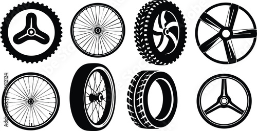 Flat design wheel and tire icon set ten black silhouettes top view three quarter perspective spokes rim close up rubber tread isolated on white background minimal
