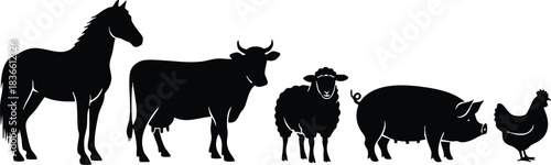 Silhouette vector side view farm animals lineup horse cow sheep pig chicken isolated profiles on white background minimal flat design even spacing landscape orientation high contrast