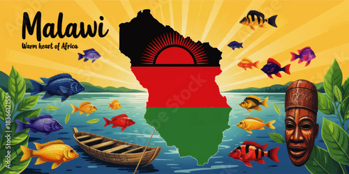 Malawi travel illustration with flag map, Lake Malawi fish, wooden boat and African mask, Warm Heart of Africa tourism art