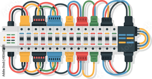 Vector Illustration Of Electrical Panel With Circuit Breakers, Wires And Connection Blocks Isolated On Transparent Background