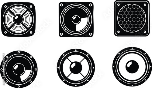 Line art close up speaker icons set showing six circular audio drivers front view with varied grille patterns high contrast black and white minimal vector icon