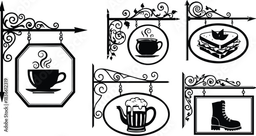 Ornate wrought iron hanging signs with silhouette coffee cup cake slice beer mug and ice skate displayed on decorative brackets in vintage vector art black style