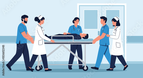 Team of doctors and nurses in a hospital hallway pushing a patient on a gurney for emergency medical treatment. This illustration shows critical care, professional teamwork and hospital staff.