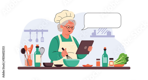 Smiling grandmother wearing a chef's hat and apron while cooking from a recipe on a digital tablet in her kitchen. This illustration shows a senior enjoying technology and culinary hobbies.
