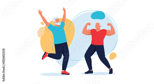 Two men, one elderly and cheerful and one young and muscular, showing concepts of vitality and strength. This illustration compares youthful energy with the happiness of an active senior lifestyle.