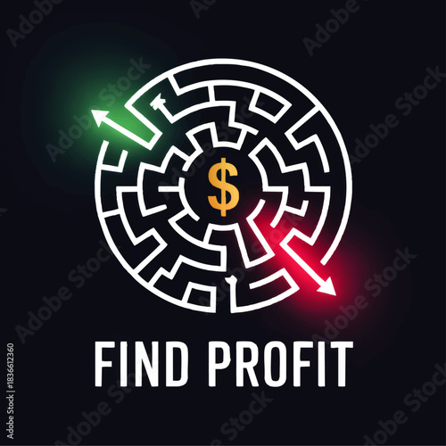 Financial success maze concept with dollar sign, green and red arrows, investment strategy and profit path on dark background