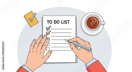 Overhead view of a person's hands writing a to-do list on a clipboard with a pen, next to a cup of coffee. This illustration depicts planning, productivity, and organization for daily tasks.