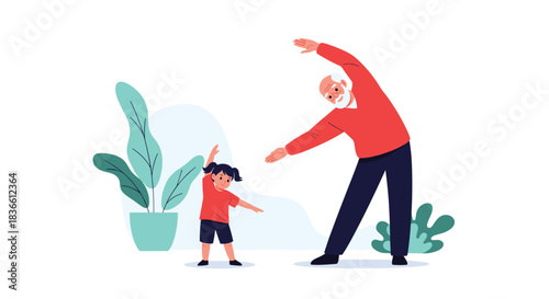 Elderly man and his granddaughter doing morning stretching exercises together in a park. This illustration promotes a healthy, active lifestyle and intergenerational bonding through family fitness.