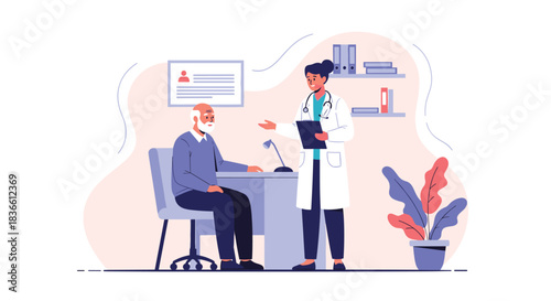 Female doctor in a white coat consulting with an elderly male patient in her office. This illustration depicts a medical examination, healthcare for seniors, and professional medical consultation.