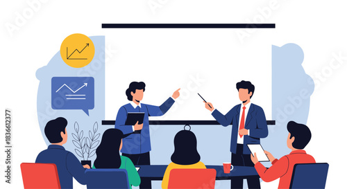 Business colleagues giving a presentation to an audience, pointing at growth charts on a projection screen. This vector shows a corporate meeting, staff training, or seminar.