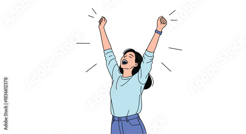 Excited young woman raising her arms in celebration, shouting with joy and happiness. This line art illustration represents success, achievement, victory, and pure excitement on a white background.