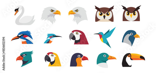 Various bird heads collection vector illustration isolated on black