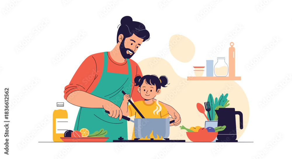 Fototapeta premium Loving father and his happy young daughter cook a healthy meal together in the kitchen, bonding and having fun as a family.