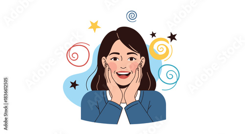Portrait of a surprised and happy young woman with her hands on her cheeks, looking delighted and amazed. This illustration shows a positive emotional reaction, excitement, and pleasant surprise.