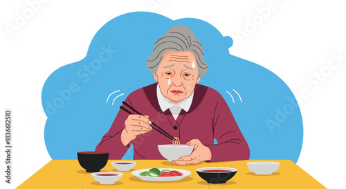 Elderly woman with hand tremors struggling to eat noodles with chopsticks, showing symptoms of Parkinson's disease or essential tremor. This illustration depicts aging, health issues, and disability.