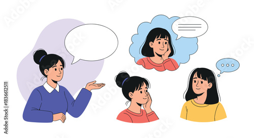 Set of three illustrations showing female communication, with one woman speaking, one daydreaming, and one listening and thinking. This represents dialogue, different reactions, and internal thoughts.