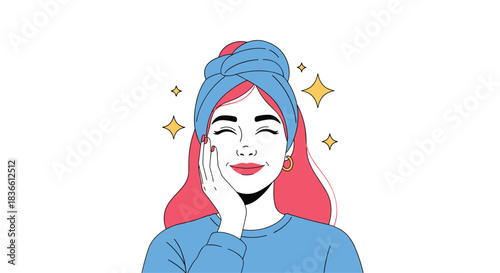 Happy young woman with a towel on her head, touching her clean and glowing face after a beauty routine. This illustration represents skincare, self-care, beauty, and healthy skin.