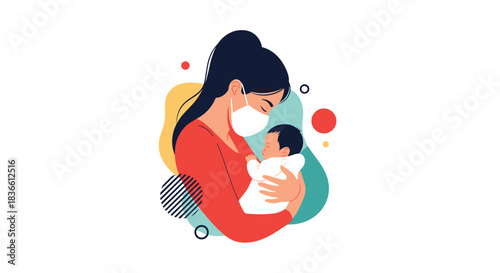 Young mother wearing a protective face mask while holding her newborn baby, against an abstract background. This illustration represents motherhood during a pandemic, child safety, and healthcare.