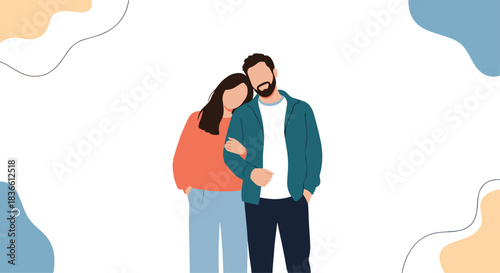 Minimalist faceless portrait of a loving young couple, with the woman leaning on the man's shoulder. This modern illustration represents love, relationships, tenderness, and togetherness.