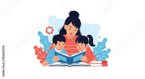 Caring mother sits with her son and daughter, reading a fascinating storybook together and fostering a love for learning.