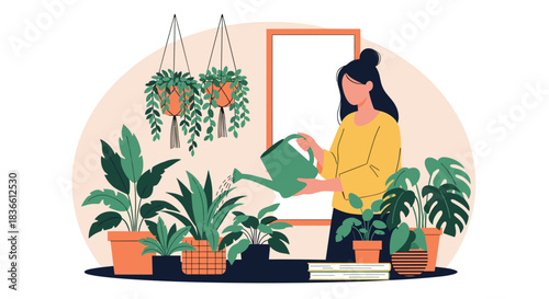 Young woman with a green watering can carefully tends to her lush collection of indoor plants in a cozy, sunlit room.