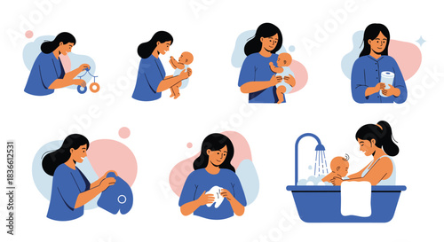 Collection of scenes depicting a caring mother's daily routine with her newborn baby, including bathing, feeding, and cuddling.