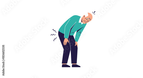 Elderly man suffering from severe lower back pain, bending over and holding his aching back due to age-related health issues.