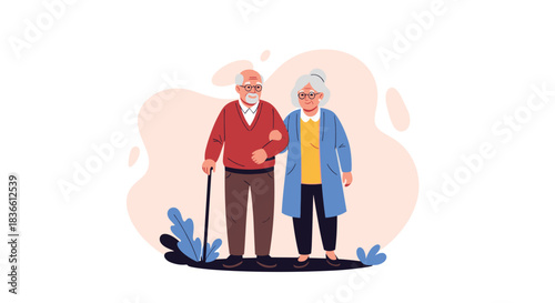 Affectionate elderly couple standing together arm in arm, showcasing a lifetime of love, companionship, and happy retirement.