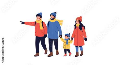 Happy family of four wearing warm winter clothes, hats, and scarves enjoys a fun outdoor adventure together in the cold.