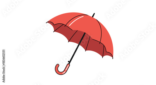 Bright red open umbrella with a curved handle, a classic accessory for protection from rain, isolated on a white background.