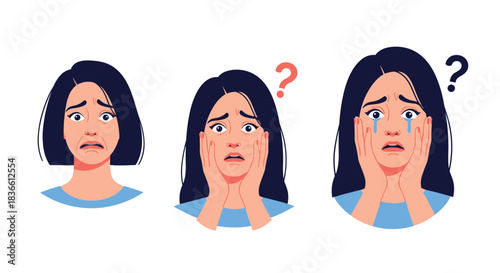 Set of three emotional portraits showing a woman's reaction from shock and confusion to deep sadness, crying in despair.