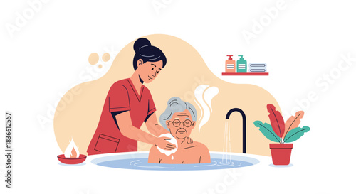 Compassionate female caregiver gently bathing an elderly woman in a tub, providing essential personal hygiene and support.